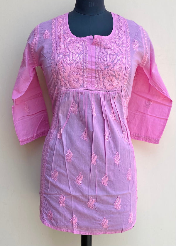 Lucknowi Chikankari Short Kurti Pink Mulmul Cotton With Self Work