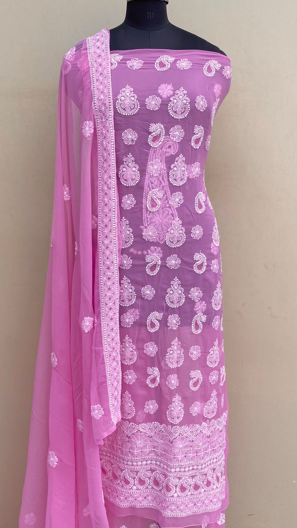 ﻿Lucknowi Chikankari Suit Length 3 Piece Pink Georgette With Jaali Work