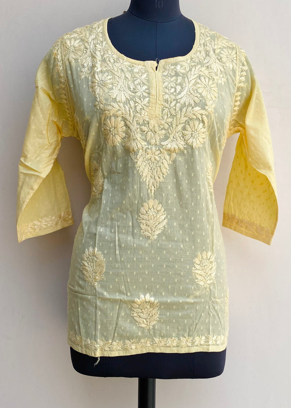 Lucknowi Chikankari Short Kurti Yellow Mulmul Cotton With Self Work