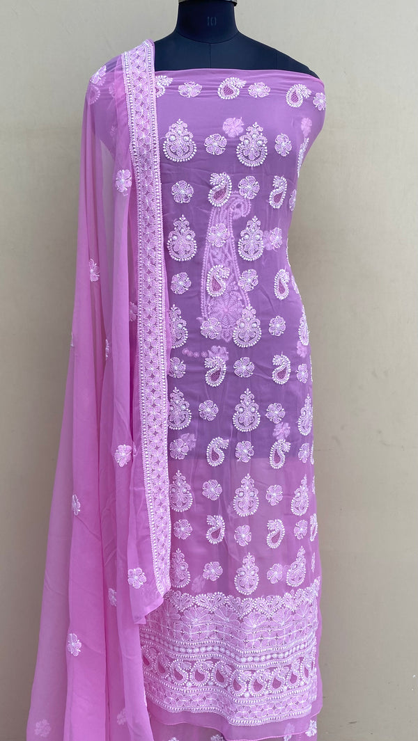 Lucknowi Chikankari Suit Length 3 Piece Pink Georgette Jaali Work