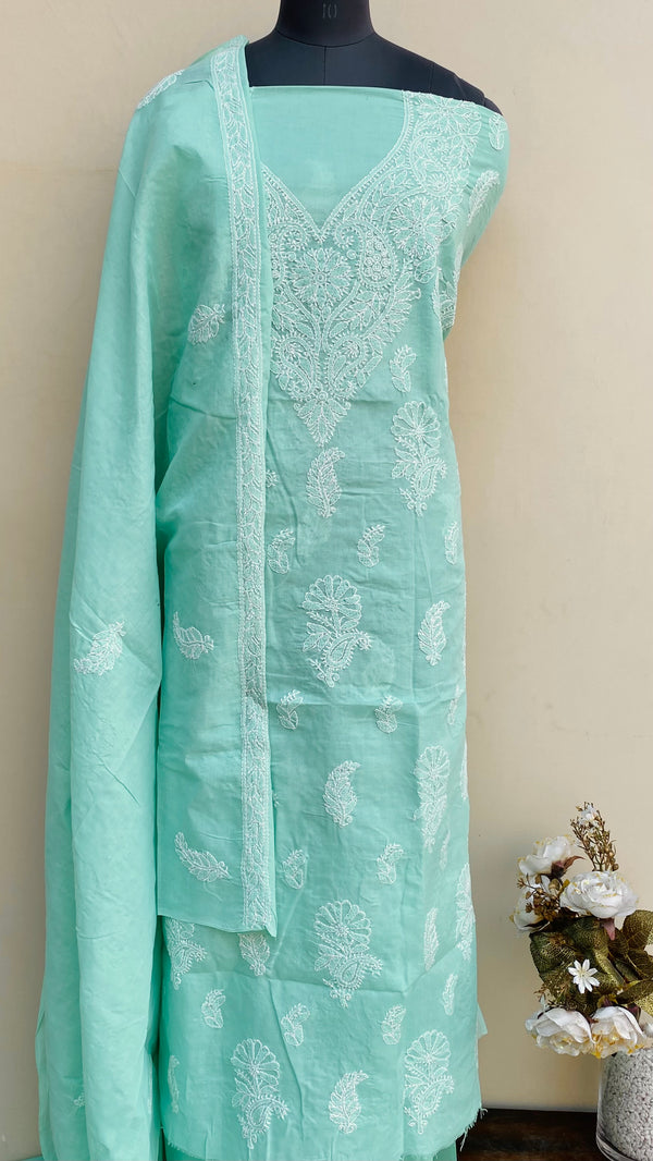 Lucknowi Chikankari Suit Length 3 Piece Sea Green Cotton With Embroidered Cotton Dupatta