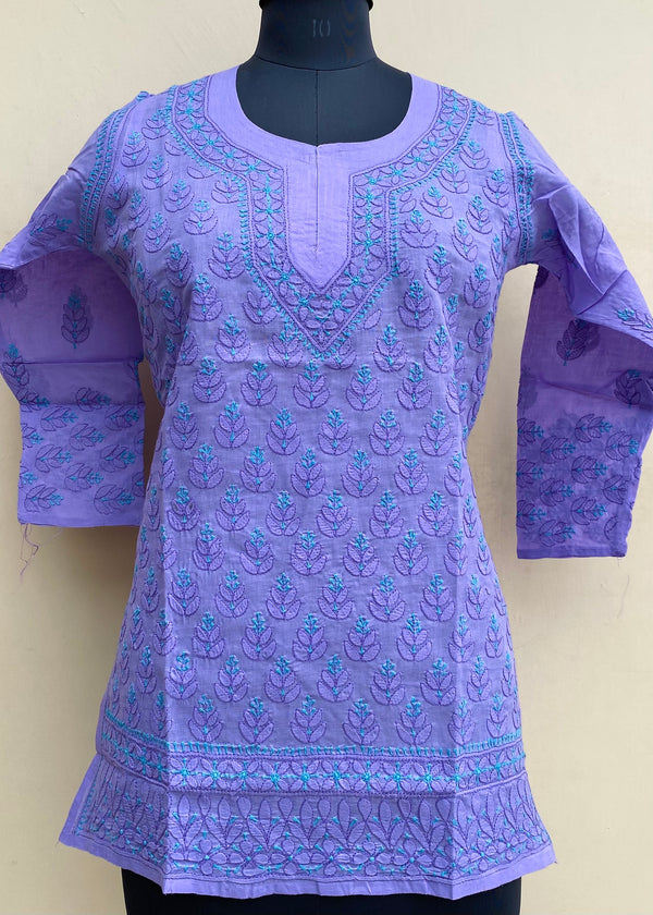 Lucknowi Chikankari Short Kurti Purple Cotton