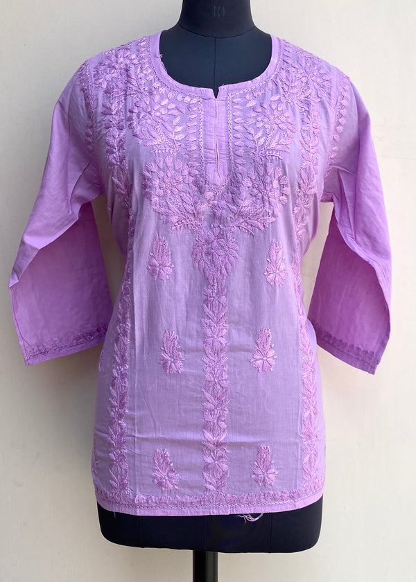 Lucknowi Chikankari Short Kurti Purple Mulmul Cotton With Self Work