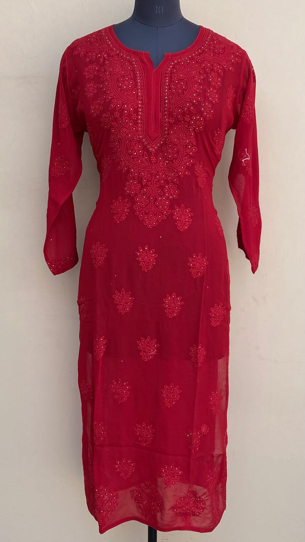 Lucknowi Chikankari Kurti Red Pure Georgette With Mukaish & Self Work