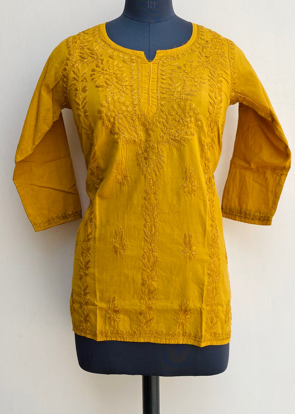 Lucknowi Chikankari Short Kurti Mustard Mulmul Cotton With Self Work