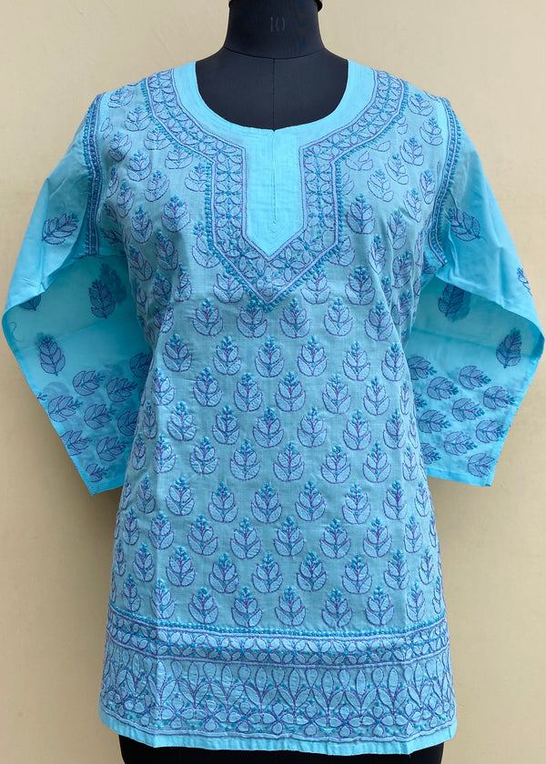 Lucknowi Chikankari Short Kurti Blue Cotton