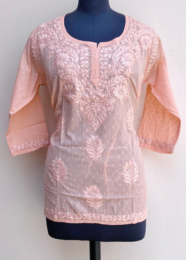 Lucknowi Chikankari Short Kurti Pink Mulmul Cotton With Self Work