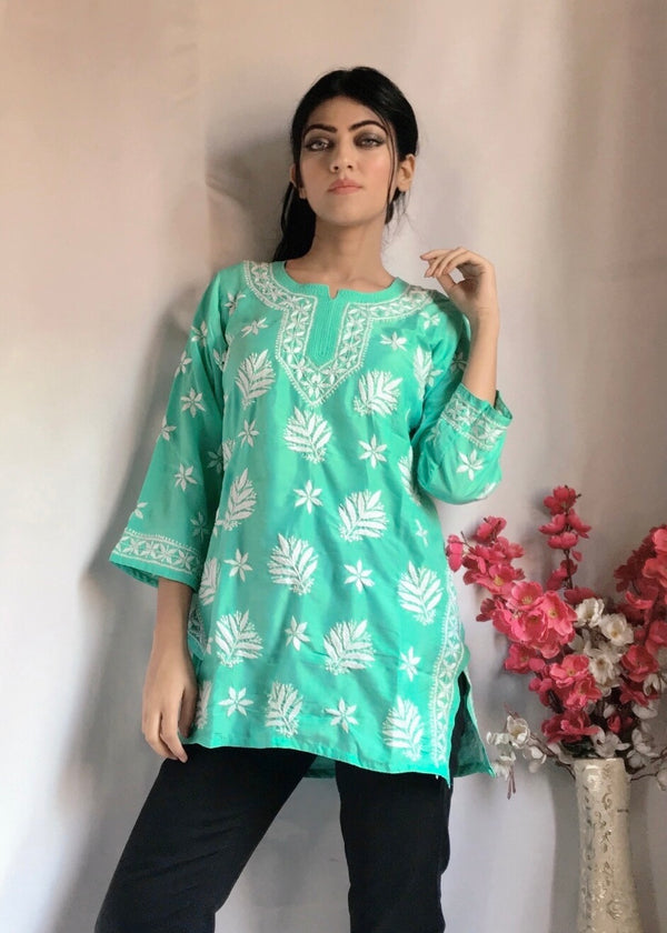 Lucknowi Chikankari Short Kurti Sea Green Muslin Cotton