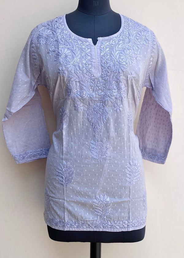 Lucknowi Chikankari Short Kurti Purple Mulmul Cotton With Self Work