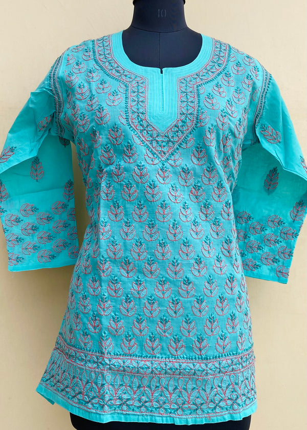 Lucknowi Chikankari Short Kurti Sea Green Cotton