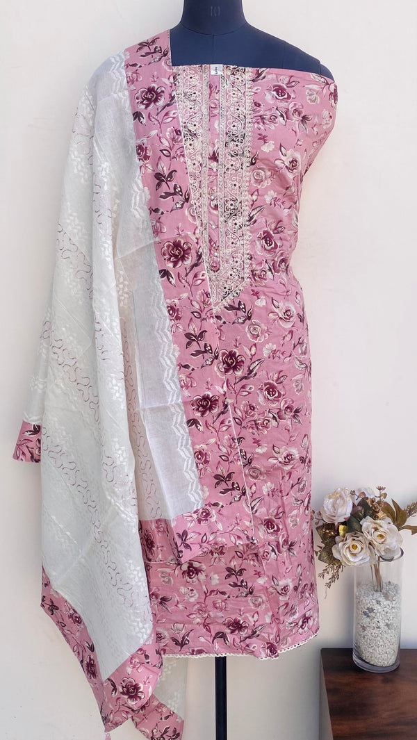 Designer Embroidered Suit Length 3 Piece Pink Mal Cotton