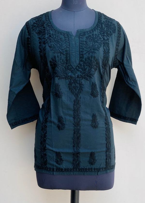 Lucknowi Chikankari Short Kurti Black Mulmul Cotton With Self Work