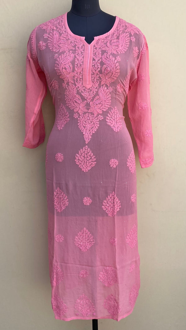 Lucknowi Chikankari Kurti Pink Pure Georgette With Mukaish & Self Work