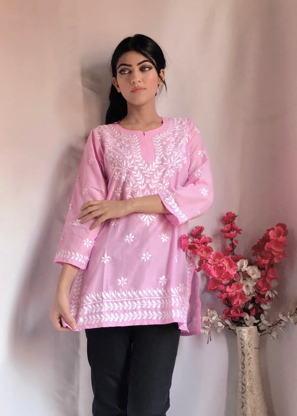 Lucknowi Chikankari Short Kurti Pink Muslin Cotton
