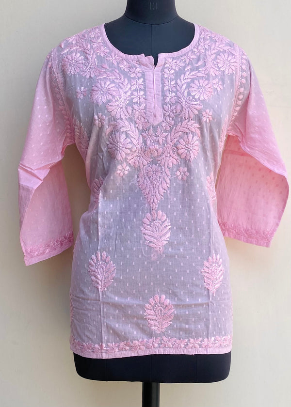 Lucknowi Chikankari Short Kurti Pink Mulmul Cotton With Self Work
