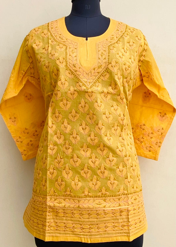 Lucknowi Chikankari Short Kurti Mustard Cotton