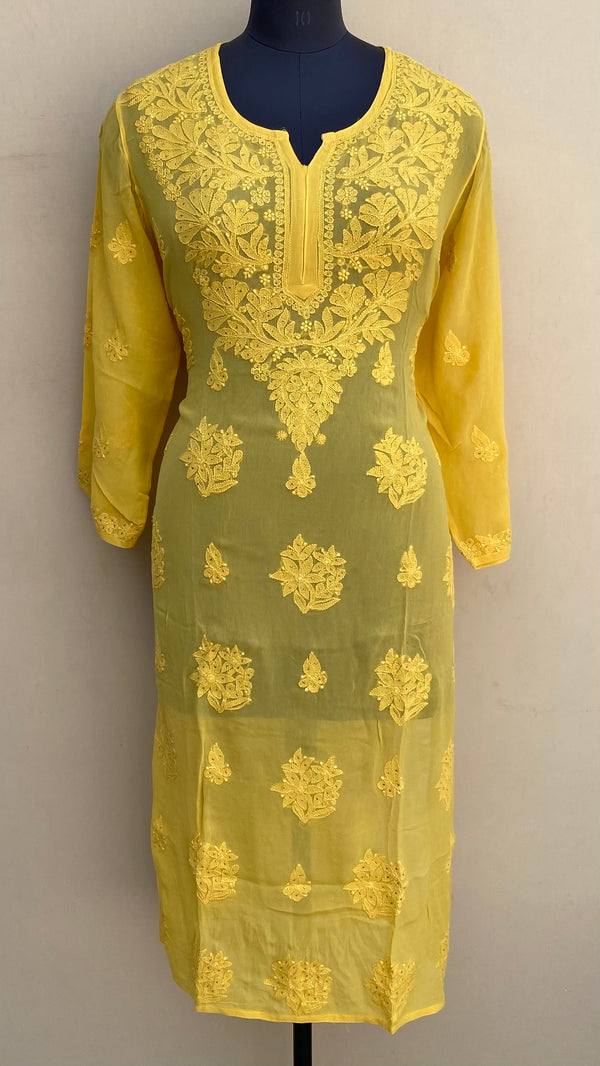 Lucknowi Chikankari Kurti Yellow Pure Georgette With Mukaish & Self Work