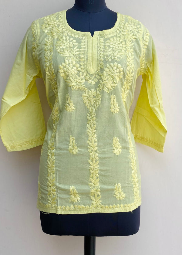 Lucknowi Chikankari Short Kurti Yellow Mulmul Cotton With Self Work