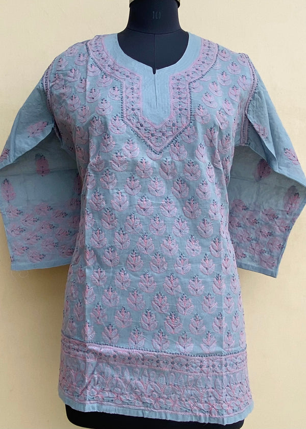 Lucknowi Chikankari Short Kurti Gray Cotton