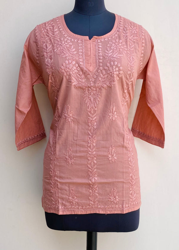 Lucknowi Chikankari Short Kurti Copper Mulmul Cotton With Self Work