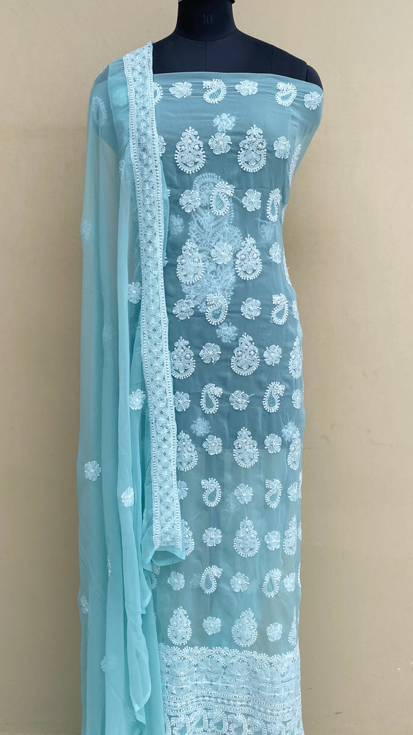 Lucknowi Chikankari Suit Length 3 Piece Sea Green Georgette With Jaali Work