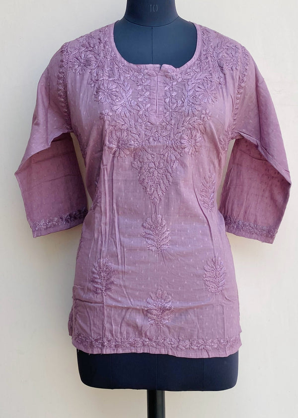 Lucknowi Chikankari Short Kurti Purple Mulmul Cotton With Self Work