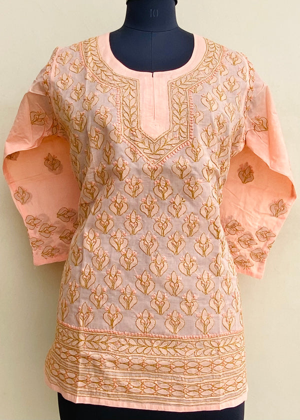 Lucknowi Chikankari Short Kurti Peach Cotton