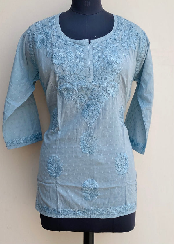 Lucknowi Chikankari Short Kurti Gray Mulmul Cotton With Self Work