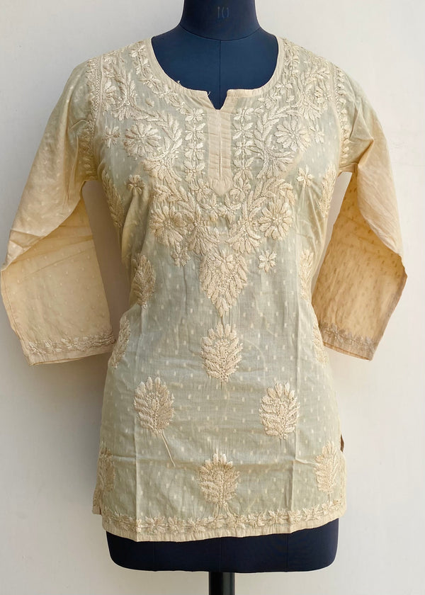 Lucknowi Chikankari Short Kurti Beige Mulmul Cotton With Self Work