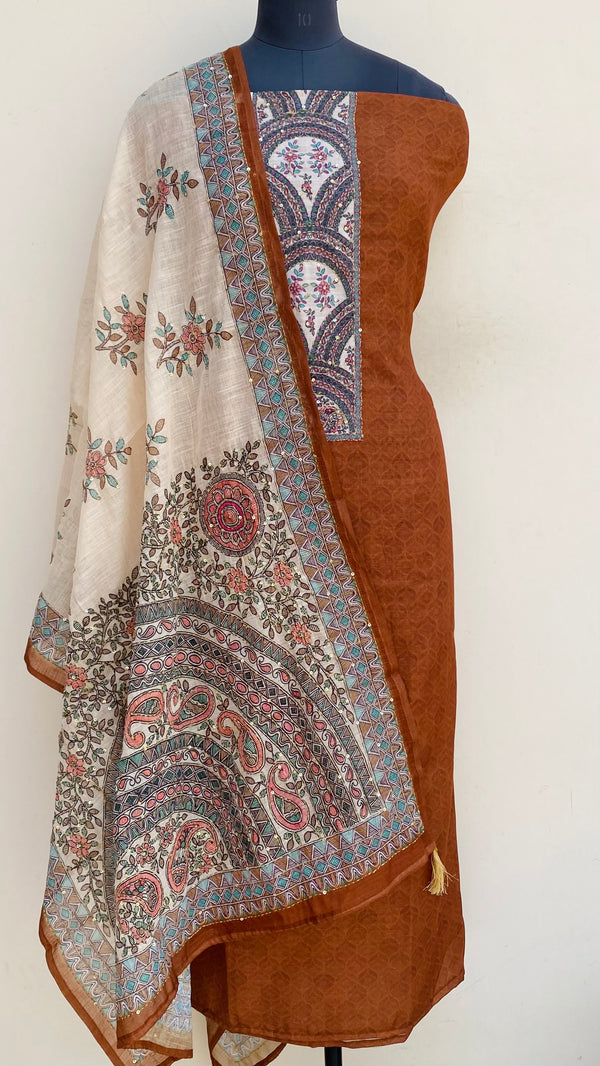 Designer Embroidered Suit Length 3 Piece Brown Linen With Sequence Work