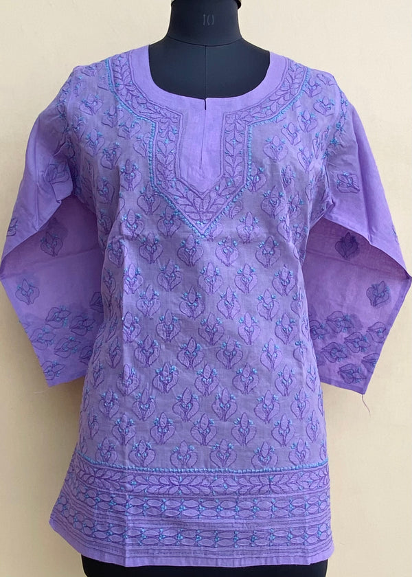 Lucknowi Chikankari Short Kurti Purple Cotton