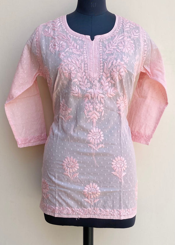Lucknowi Chikankari Short Kurti Pink Mulmul Cotton With Self Work