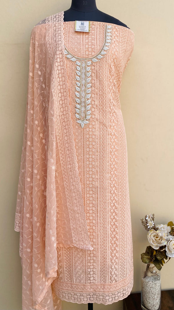 Chikankari Suit Length 3 Piece Peach Georgette With Pearl ,Cutdana & Stone Work