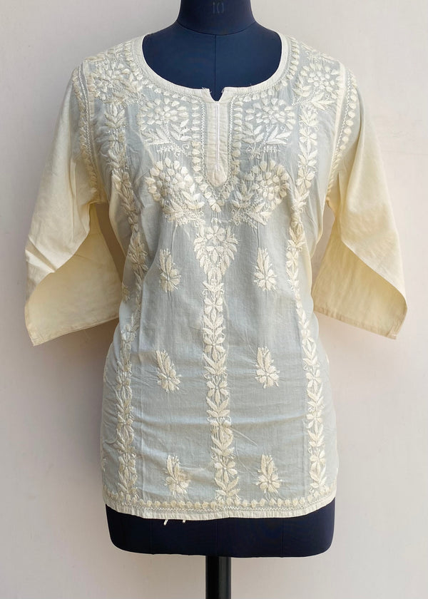 Lucknowi Chikankari Short Kurti Cream Mulmul Cotton With Self Work