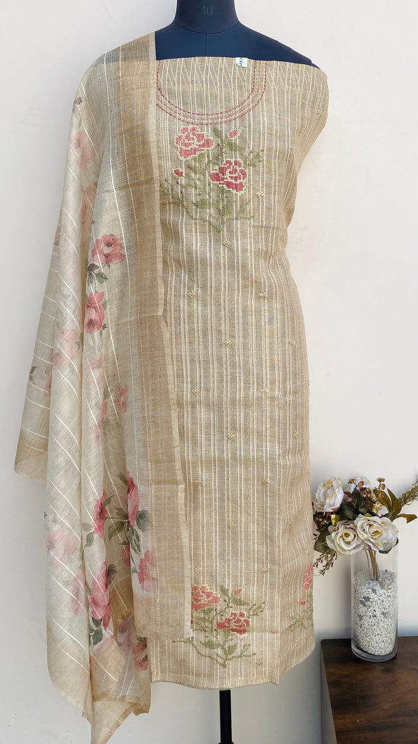 Designer Embroidered Suit Length 3 Piece Beige Tissue With Sequence Work