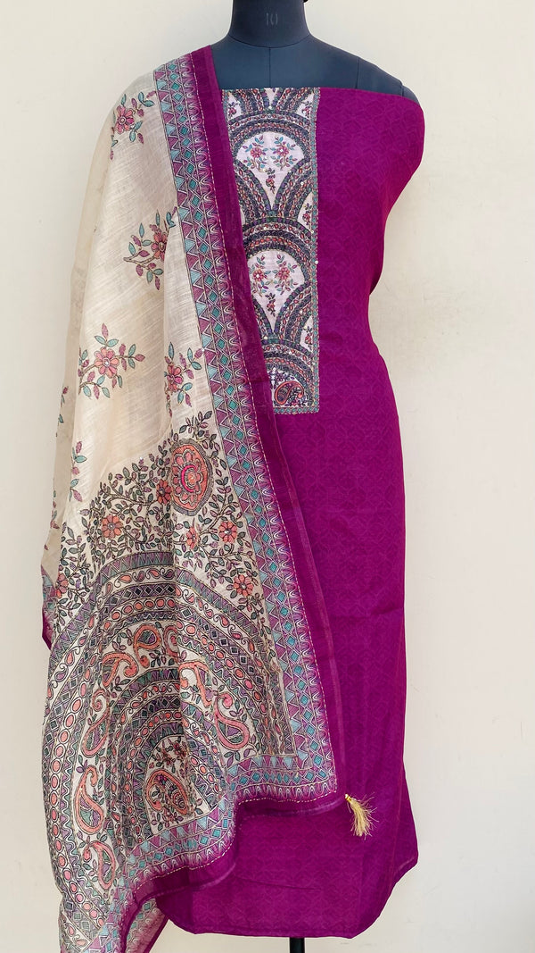 Designer Embroidered Suit Length 3 Piece Purple Linen With Sequence Work