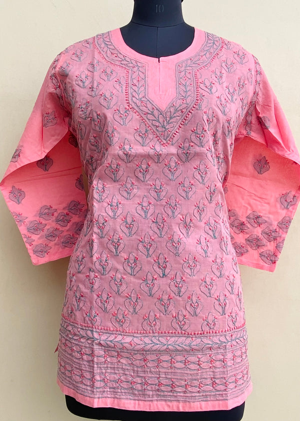 Lucknowi Chikankari Short Kurti Pink Cotton