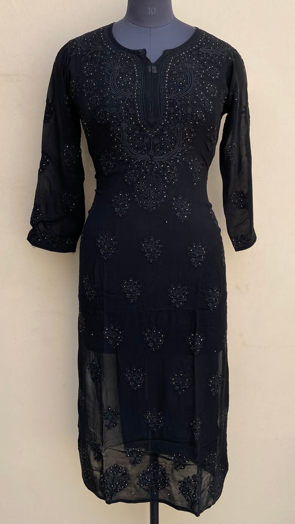 Lucknowi Chikankari Kurti Black Pure Georgette With Mukaish & Self Work