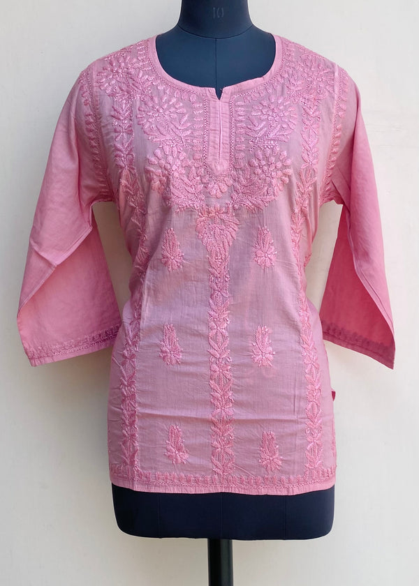 Lucknowi Chikankari Short Kurti Pink Mulmul Cotton With Self Work