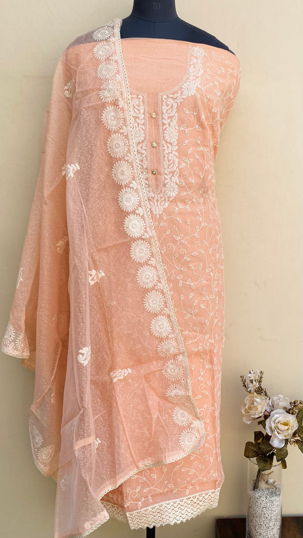 Designer Embroidered Suit Length 3 Piece Peach Kota With Sequence Work