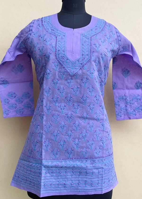 Lucknowi Chikankari Short Kurti Purple Cotton