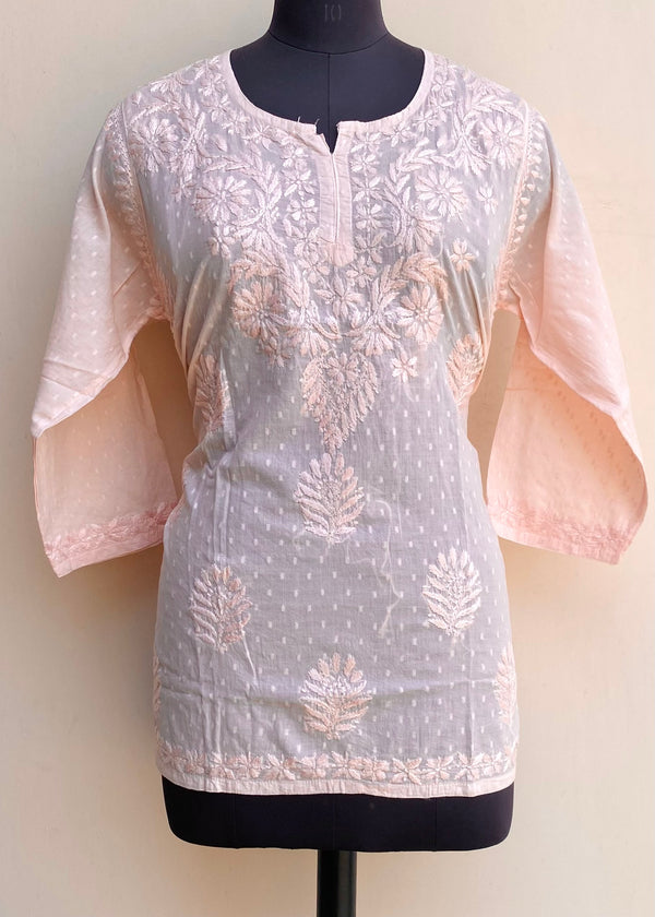 Lucknowi Chikankari Short Kurti Peach Mulmul Cotton With Self Work