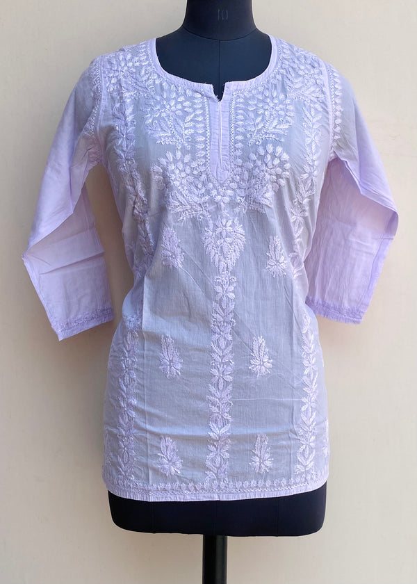 Lucknowi Chikankari Short Kurti Purple Mulmul Cotton With Self Work