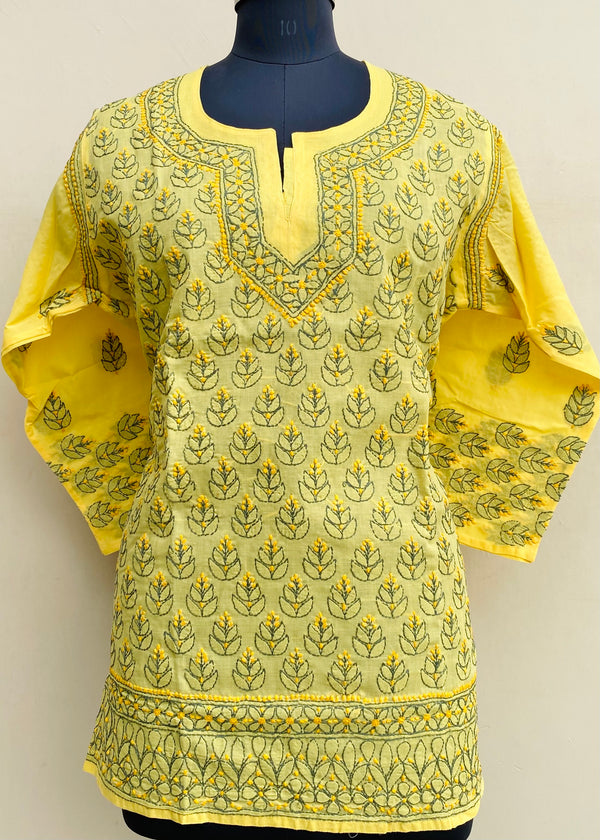 Lucknowi Chikankari Short Kurti Yellow Cotton