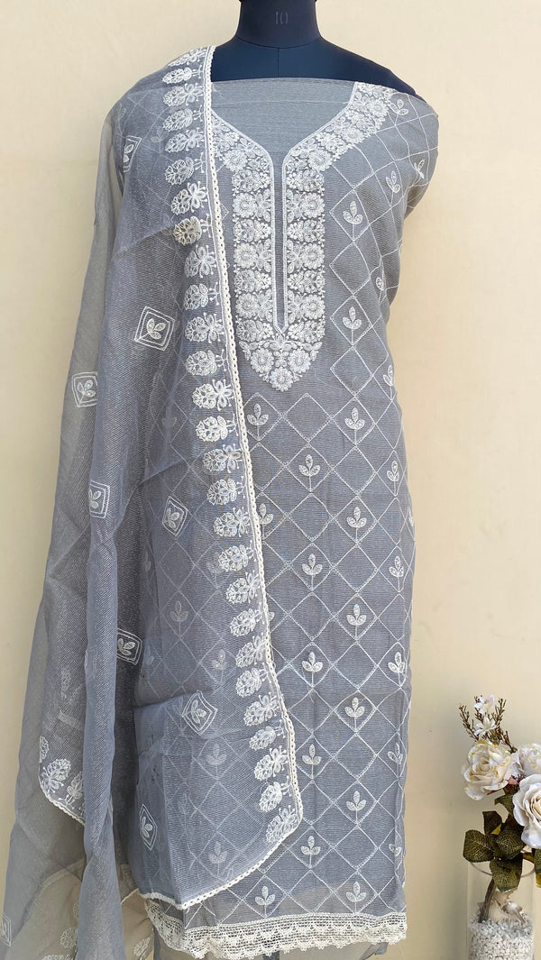 Designer Embroidered Suit Length 3 Piece Gray Kota With Sequence Work