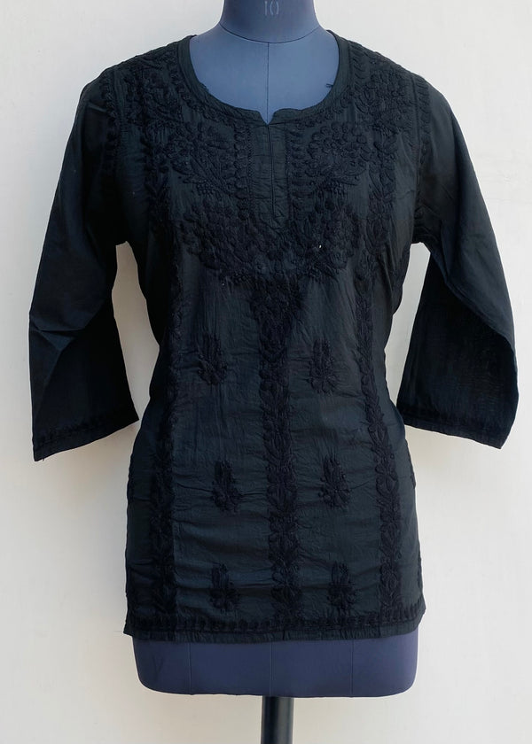 Lucknowi Chikankari Short Kurti Black Mulmul Cotton With Self Work