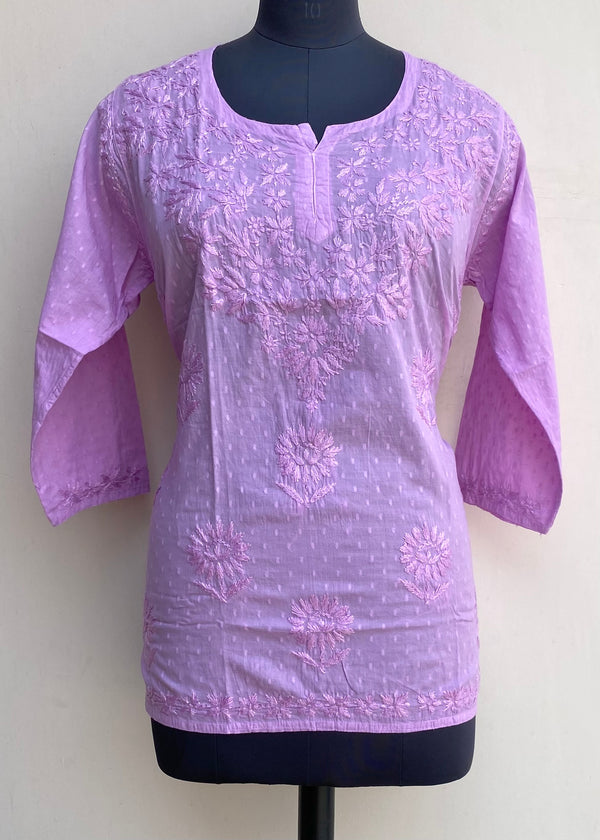 Lucknowi Chikankari Short Kurti Pink Mulmul Cotton With Self Work