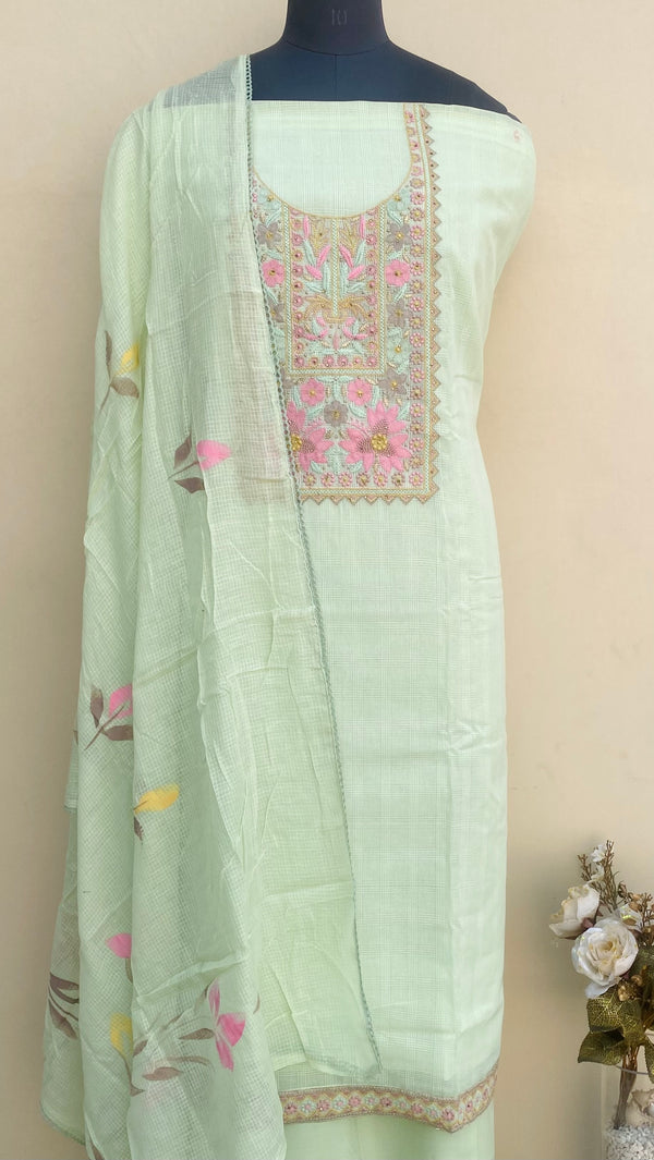 Designer Embroidered Suit Length 3 Piece Pista Green Kota