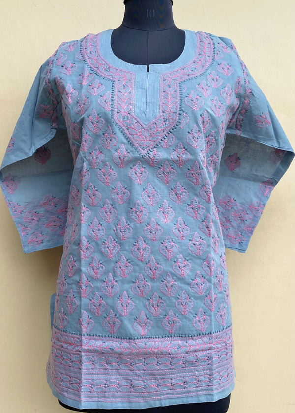 Lucknowi Chikankari Short Kurti Gray Cotton