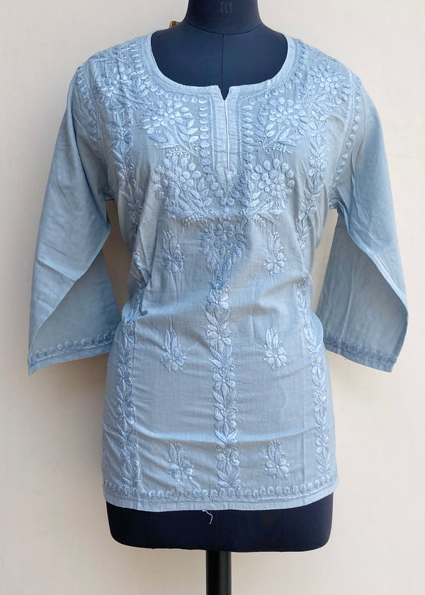 Lucknowi Chikankari Short Kurti Gray Mulmul Cotton With Self Work